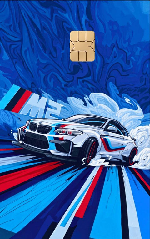 Car card sticker design 108, a white race car with blue and red stripes