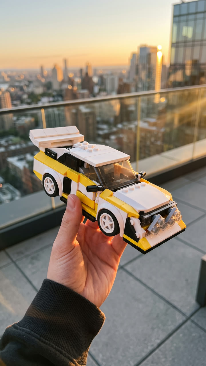 A yellow and white brick-built rally car held up on a rooftop terrace at sunset
